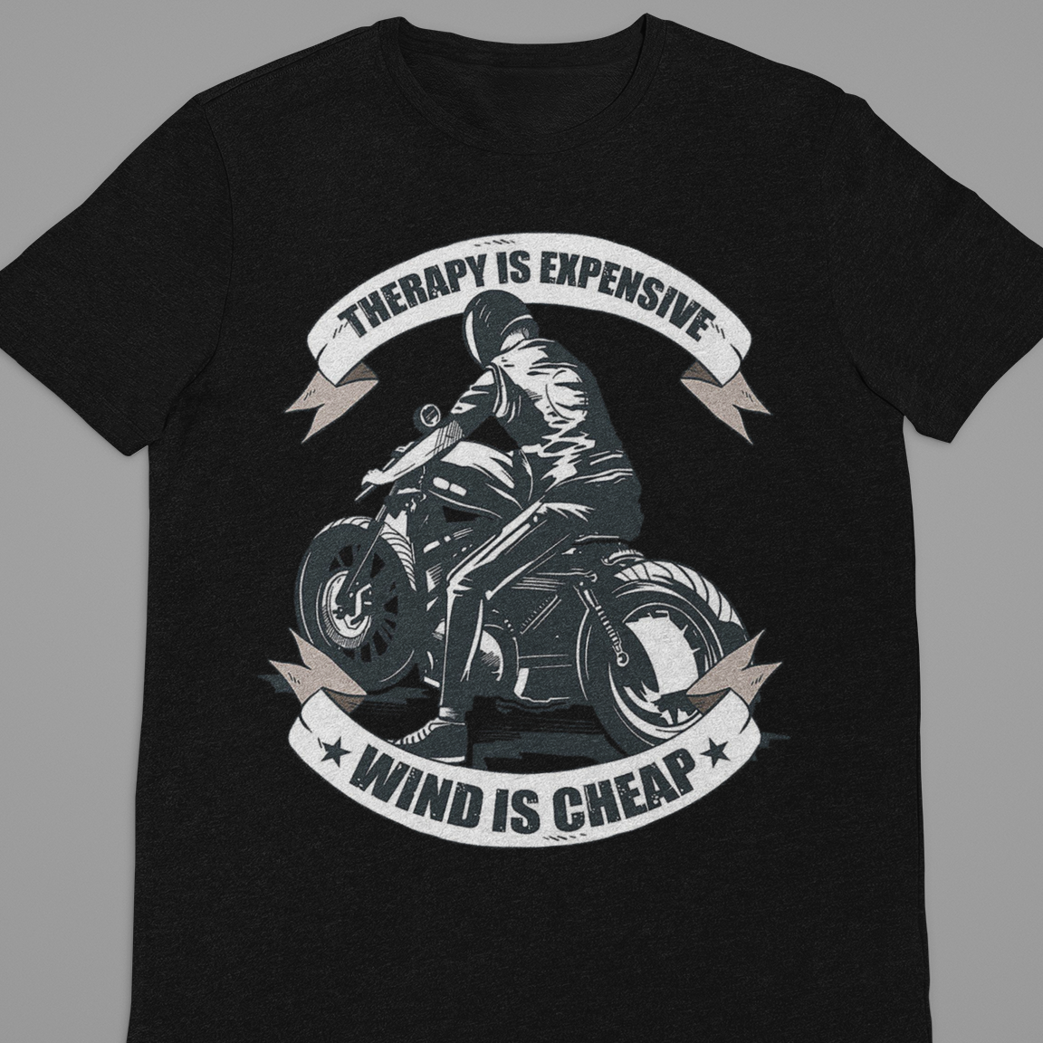 Biker : Therapy Is Expensive Wind Is Cheap  Black Tshirt