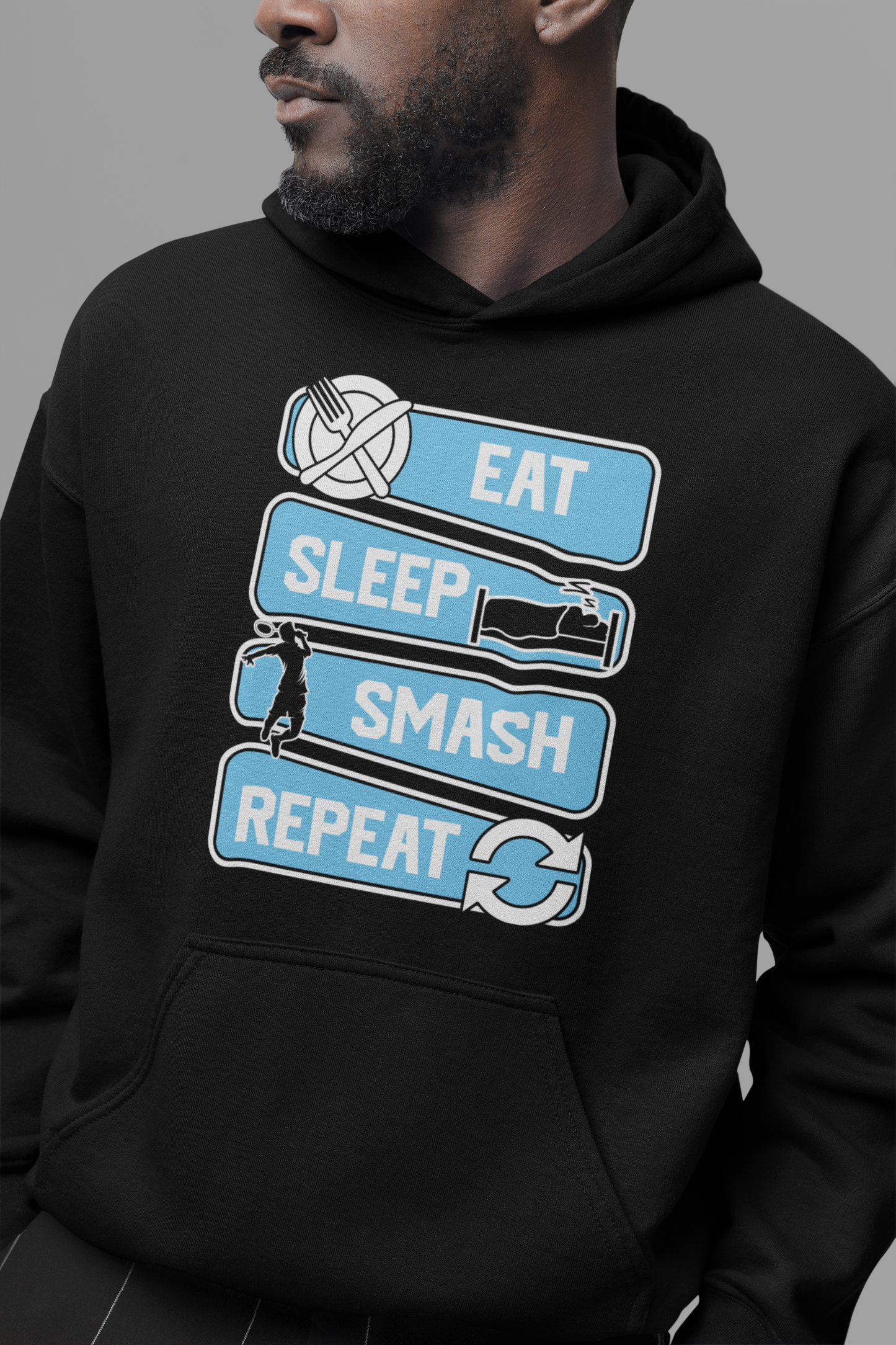 Badminton : Eat Sleep Smash Repeat Oversized Black Hoodie Unisex