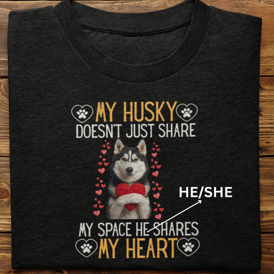 Husky : Shares My Heart Tshirt Unisex (Black)